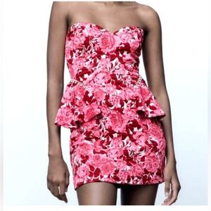 ZARA RED AND PINK JACQUARD DRESS